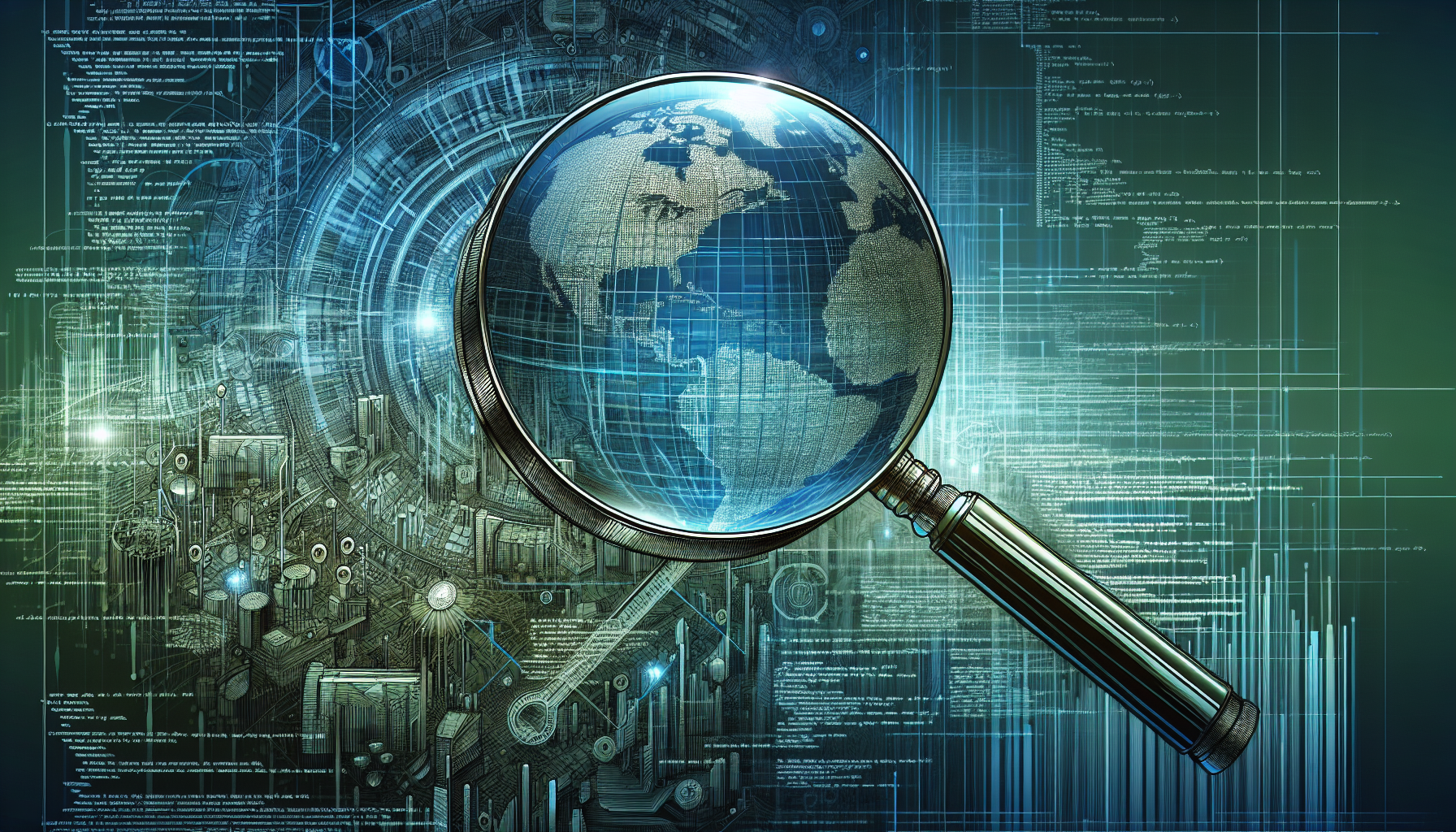 Illustration of a magnifying glass over technical documents and code