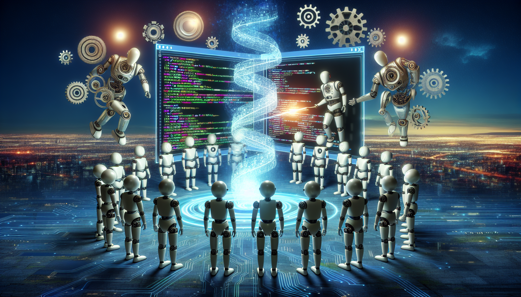 A team of developers collaborating on code changes, reflecting the essence of continuous integration in modern software development