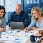 Profesionales trabajando juntos, simbolizando colaboración, integración de equipos y trabajo Nearshore.